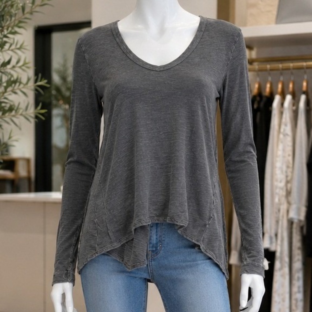 Wilt Women T-Shirt Charcoal Gray Long Sleeve Slub‎ Layered Asymmetric XS